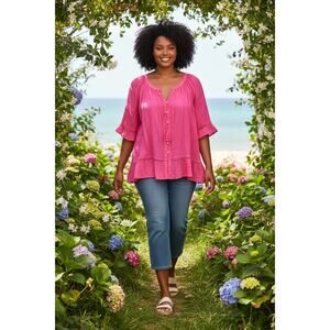 Zac & Rachel Womens Short Sleeve Boho Babydoll Top Plus Size 3X Pink